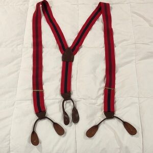 VTG CAS GERMANY RED BLUE COTTON STRIPED SUSPENDERS BRACES LEATHER FITTINGS EUC